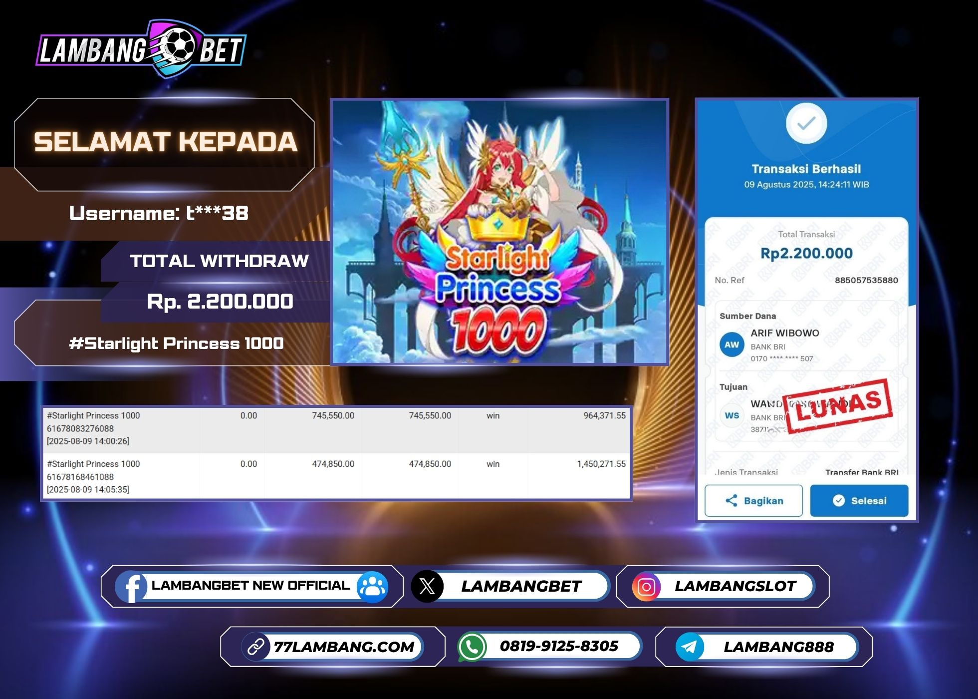 LAMBANGBET [9 AUGUST 2025] JACKPOT SLOT Starlight Princess 1000 "Rp2.200.000" LUNAS